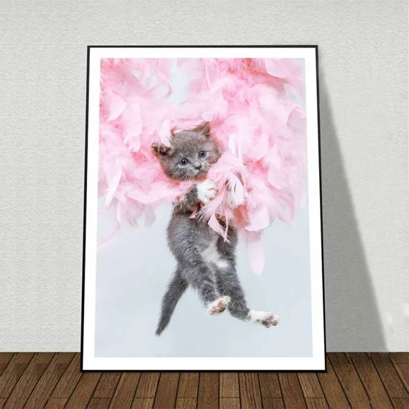 Tranh canvas Scandinavian mèo, bóng bay trái tim, cô gái cầm hoa và chữ You and Me