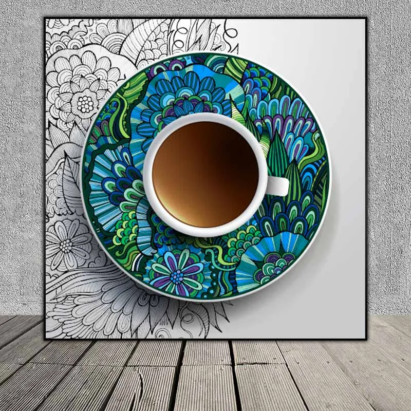 Tranh tách cà phê đặt trên đĩa trang trí hoa văn nhiều màu sắc treo quán cà phê