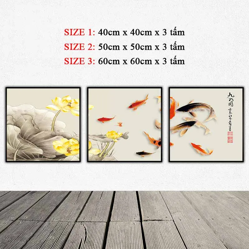 Tranh phong thủy cửu ngư và hoa sen vàng