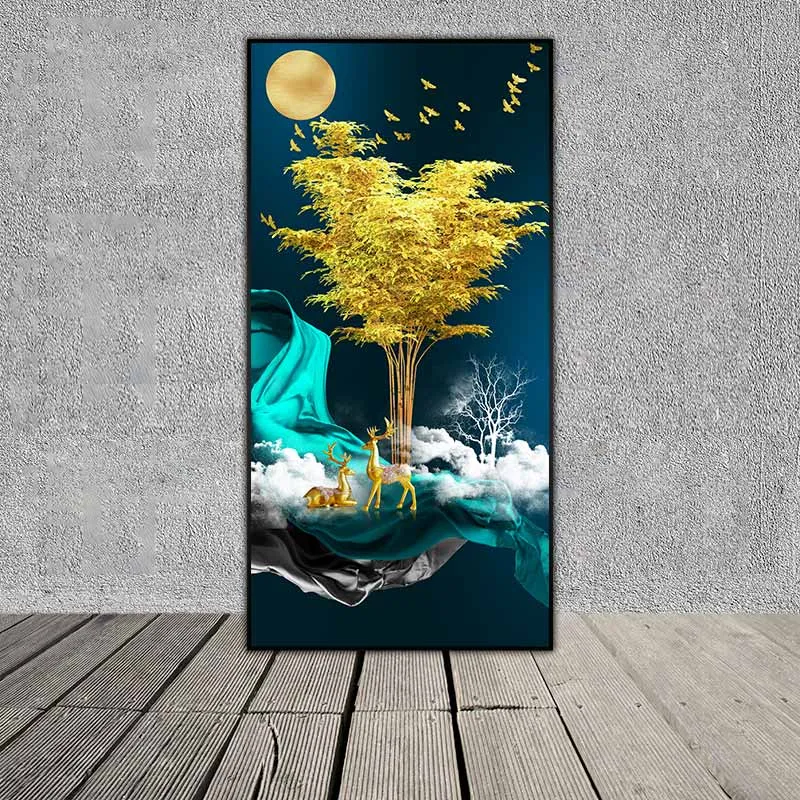 Tranh hai con nai và cây lá vàng