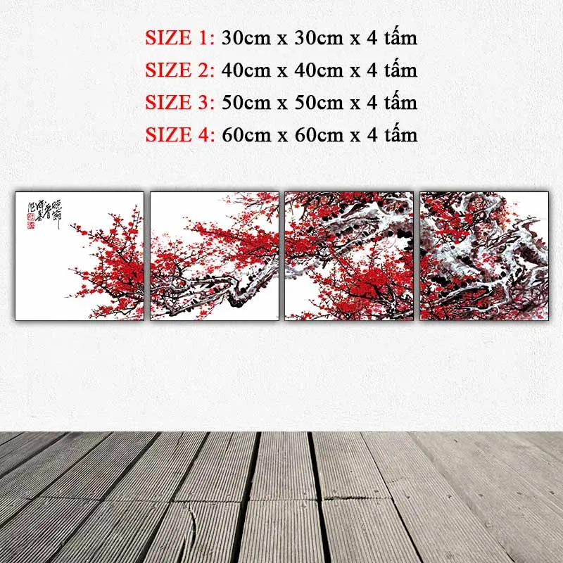 Tranh cành hoa đào thư pháp