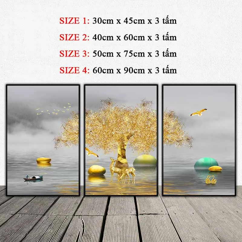 Tranh phong thủy đàn nai vàng đứng dưới cành cây lá vàng bên cạnh những tảng đá phong thủy