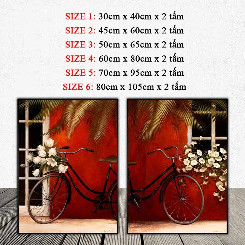 Tranh xe đạp với chùm hoa trắng ở phía trước