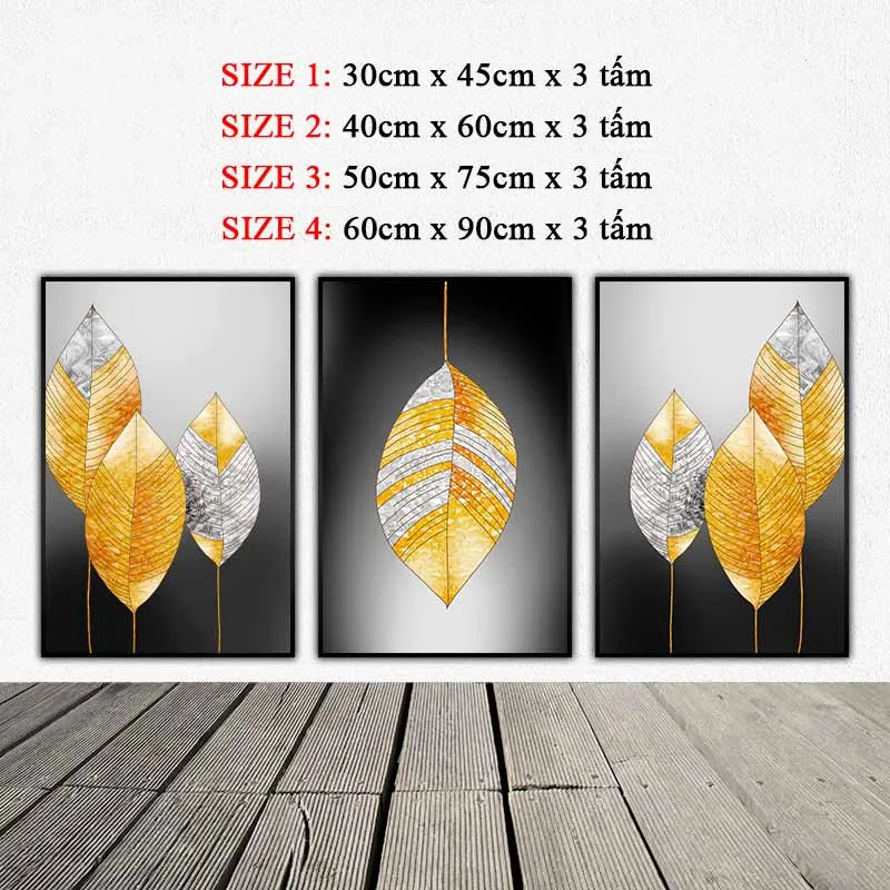 Tranh trắng đen và những chiết lá vàng trừu tượng