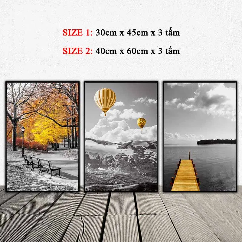 Tranh scandinavian công viên, cây cầu gỗ, khinh khí cầu