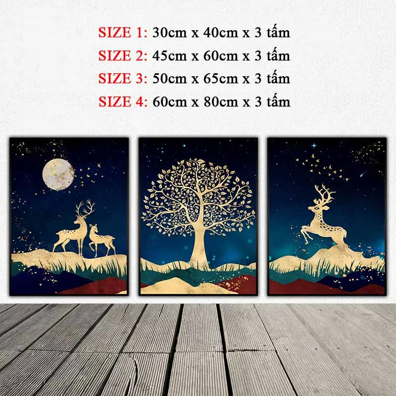 Tranh đàn nai bên cạnh cây vàng đang vui đùa dưới trăng