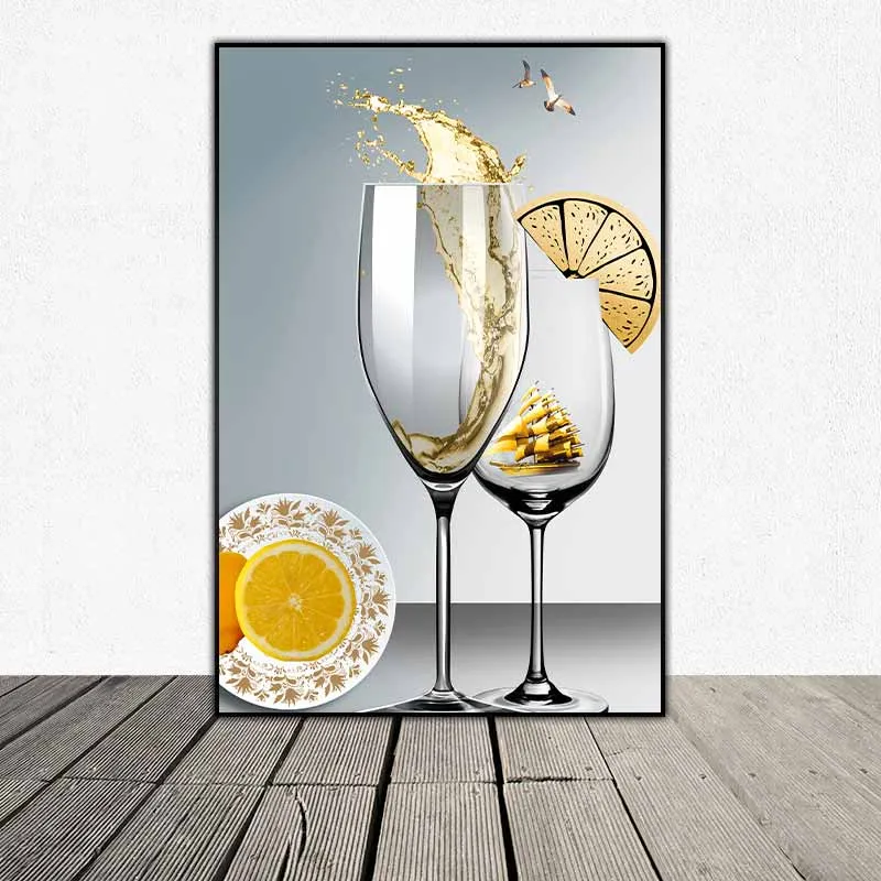 Tranh trang trí hiện đại ly nước cam đĩa trứng ốp la và quả táo xanh