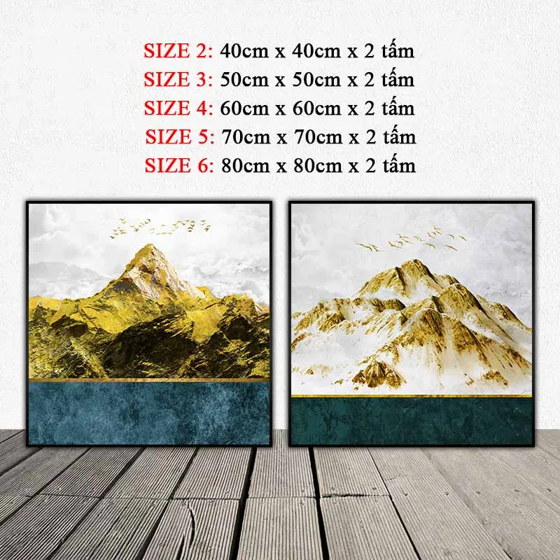 Tranh núi đồi và đàn chim phủ vàng