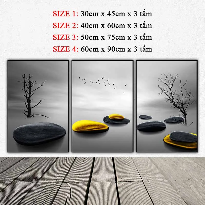 Tranh những tảng đá vàng phong thủy trên nền đen trắng