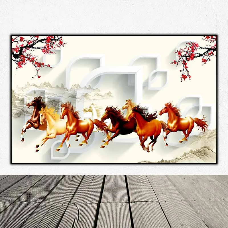 Tranh phong thủy tám con ngựa mã đáo thành công và cành hoa đào