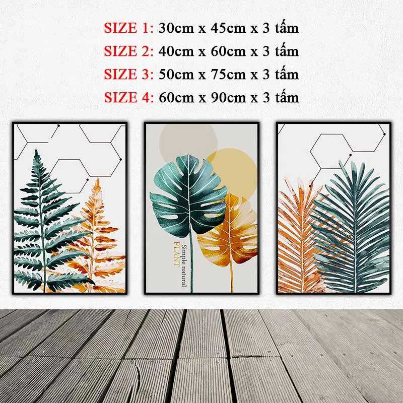 Tranh lá cây nhiệt đới lá dương xỉ và lá trầu bà