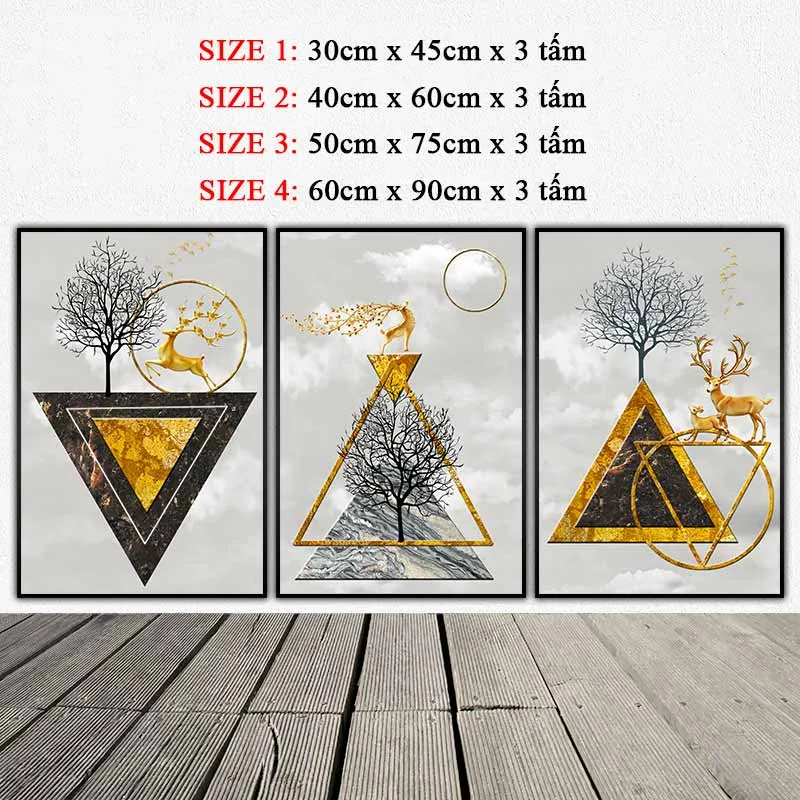 Tranh trừu tượng các khối hình học tam giác, hình tròn và đàn nai cách điệu