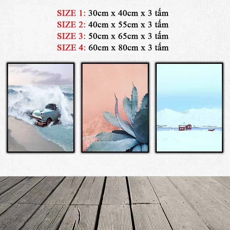 Tranh Scandinavian xe ô tô trên bãi biển, cây xương rồng và ngôi nhà trên tuyết