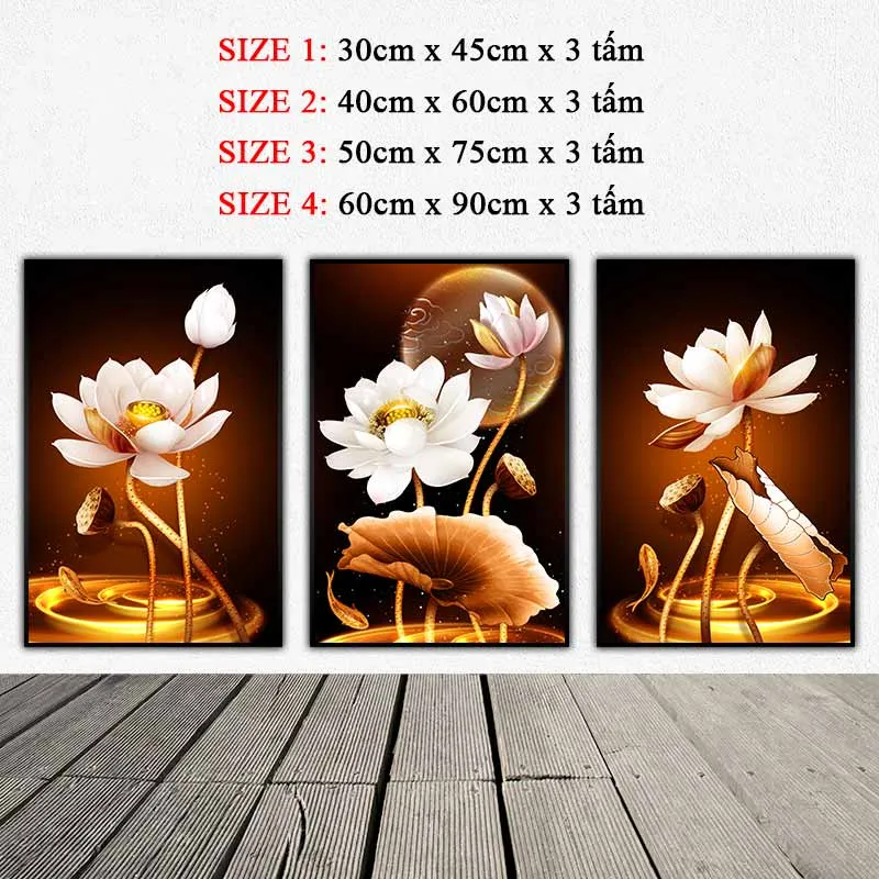 Tranh hoa sen trắng và lá sen màu vàng kim