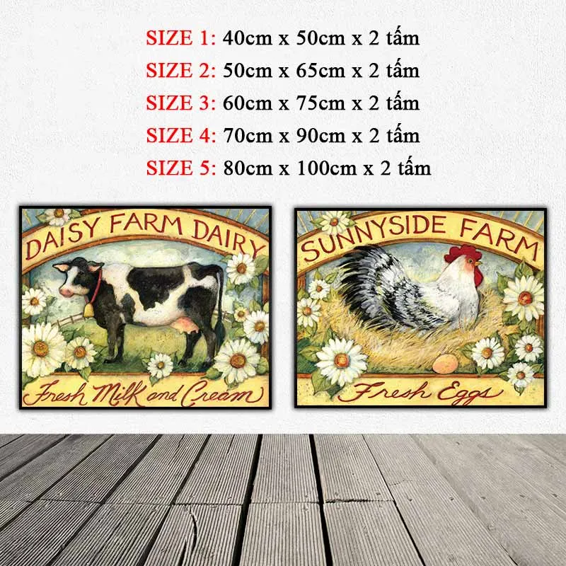Tranh nông trại bò sữa và gà mái