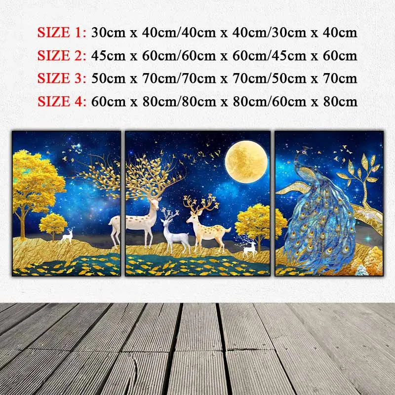 Tranh đàn nai và chim công xanh