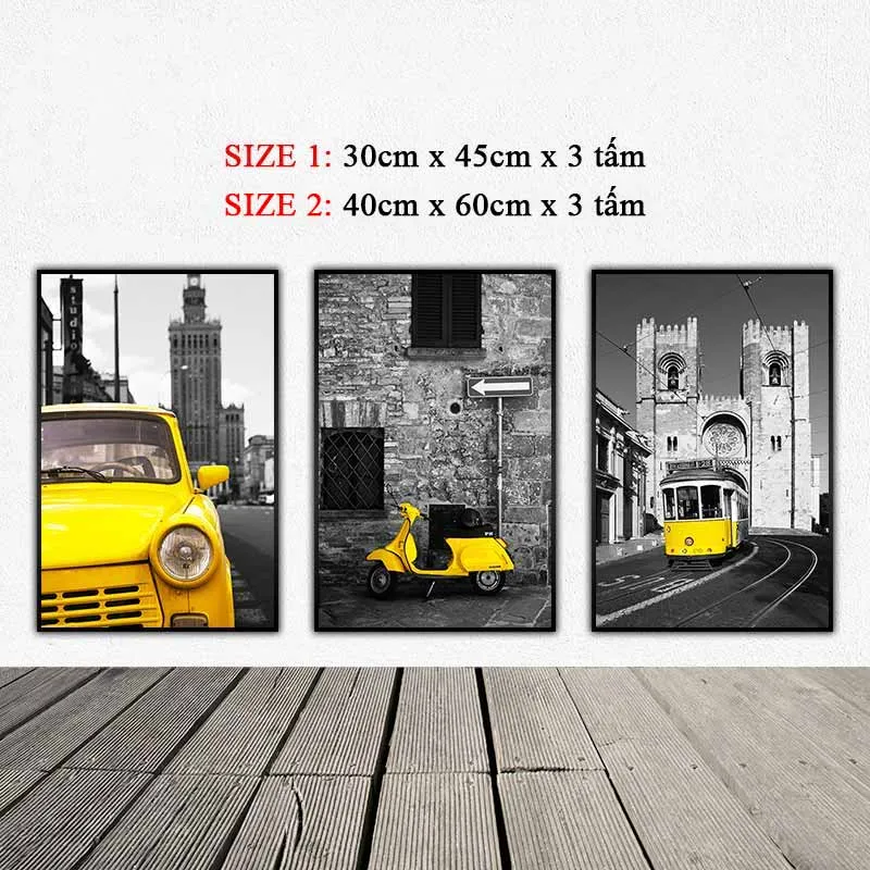 Tranh hiện đại scandinavian ô tô, vespa cổ, tàu hỏa màu vàng trên nền đen trắng