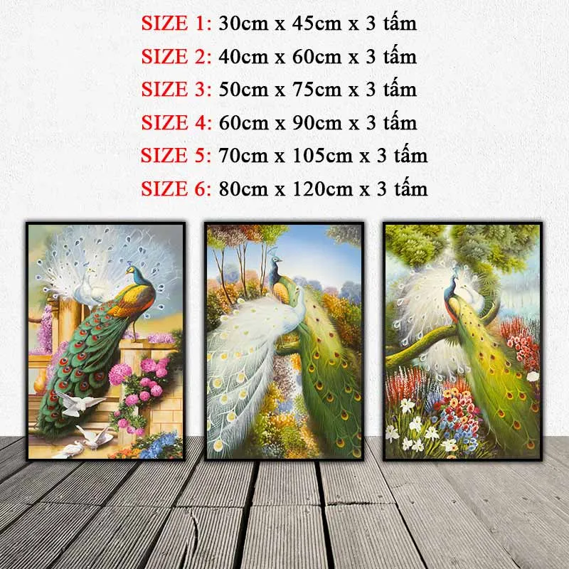 Tranh đôi chim công xanh và chim công trắng đang đứng trên cành cây