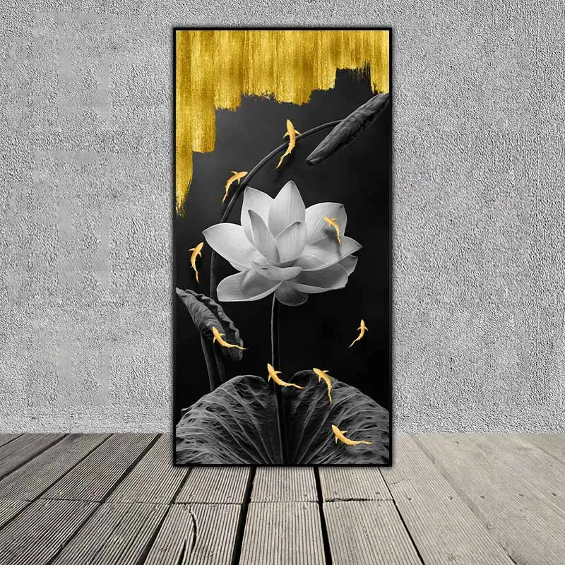 Tranh cửu ngư vàng và hoa sen đen trắng