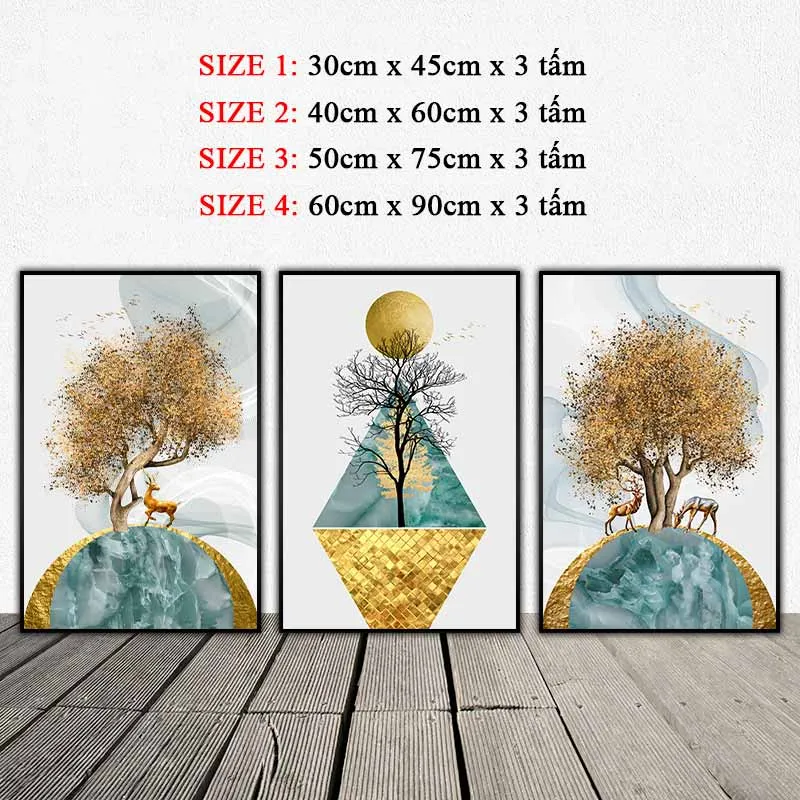 Tranh hươu nai trừu tượng đang ăn dưới gốc cây lá vàng