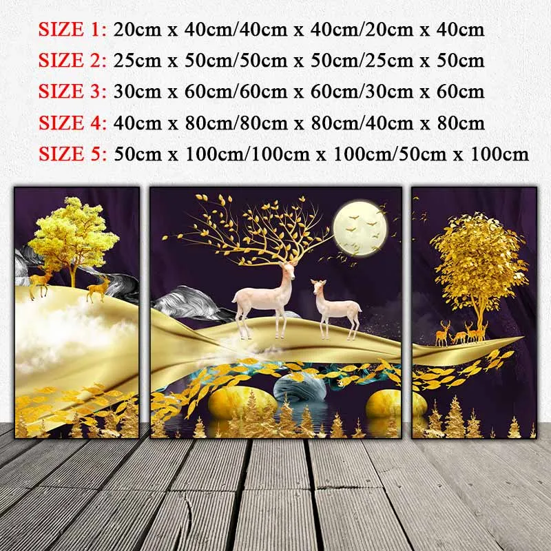 Tranh trừu tượng đàn nai có sừng đầy lá vàng, đàn cá và các tảng đá phong thủy
