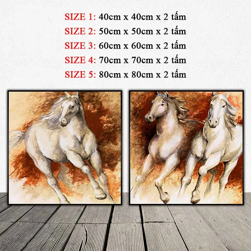 Tranh ngựa trắng đang phi nước đại với nền màu nâu loang