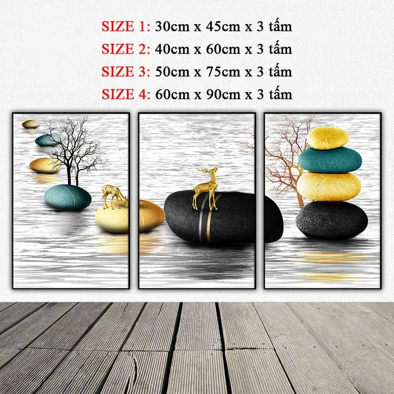 Tranh con nai đứng trên những tảng đá phong thủy