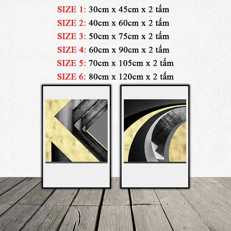 Tranh trừu tượng các đường thẳng và đường cong trắng đen kết hợp màu vàng kim