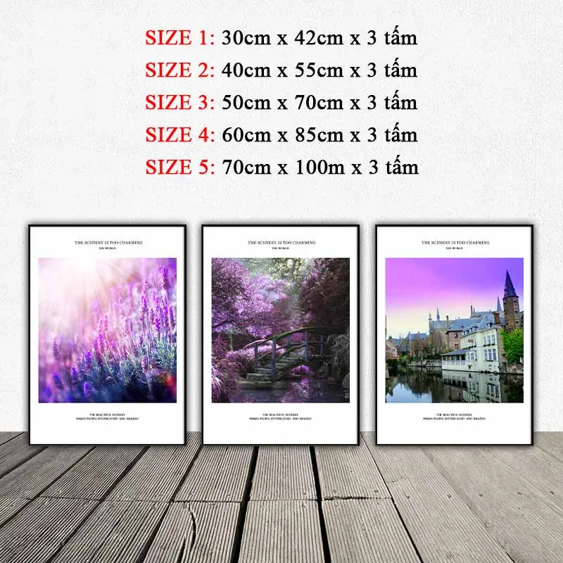 Tranh tháp chuông của Bruges, cây cầu gỗ trong công viên và cánh đồng hoa Oải Hương