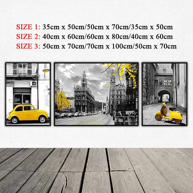 Tranh xe ô tô, xe lửa, xe vespa màu vàng trên nền phong cảnh đen trắng