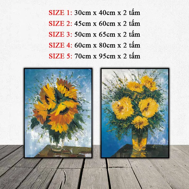 Tranh hoa hoa cúc vàng cắm trong lọ thủy tinh đặt trên bàn