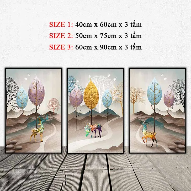 Tranh hươu nai cách điệu và rừng cây trừu tượng