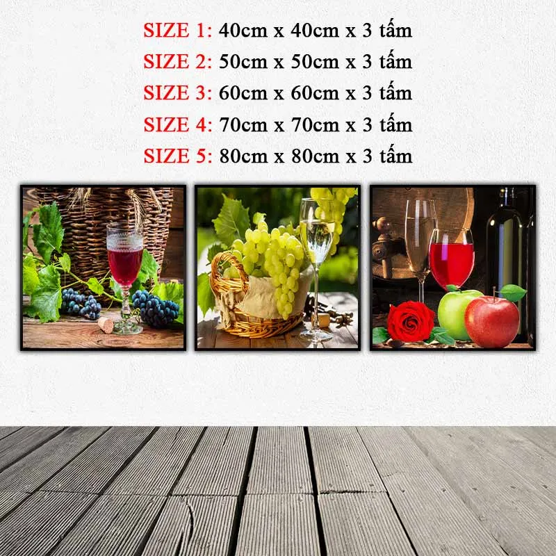 Tranh trái cây, chùm nho xanh, chùm nho đen, quả táo xanh, táo đỏ, chai rượu, ly rượu, hoa hồng