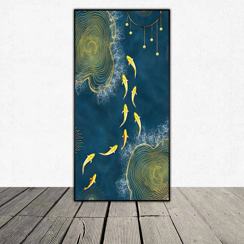 Tranh cửu ngư đàn cá chép vàng bơi qua sóng nước trừu tượng