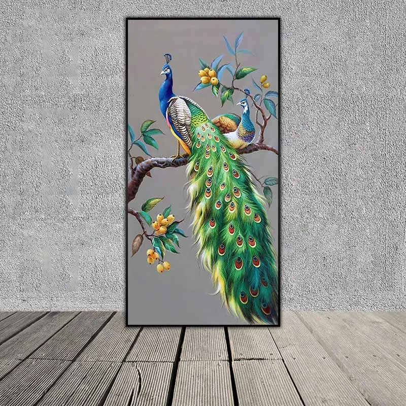 Tranh đôi chim công xanh đang đứng trên cành cây