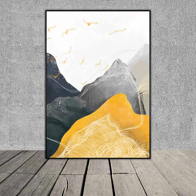 Tranh trừu tượng núi đồi và đàn chim đang bay