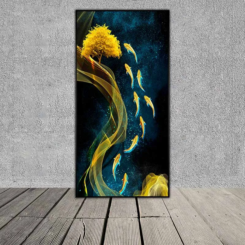 Tranh cửu ngư và cây lá vàng phong thủy