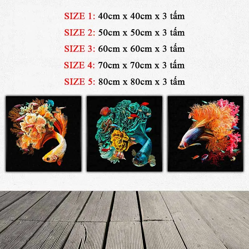 Tranh cá phướng, cá xiêm, cá đá, cá chọi, cá beta trừu tượng có đuôi là những rạn san hô