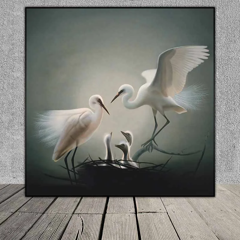 Tranh tổ ấm gia đình chim cò trắng treo phòng ngủ