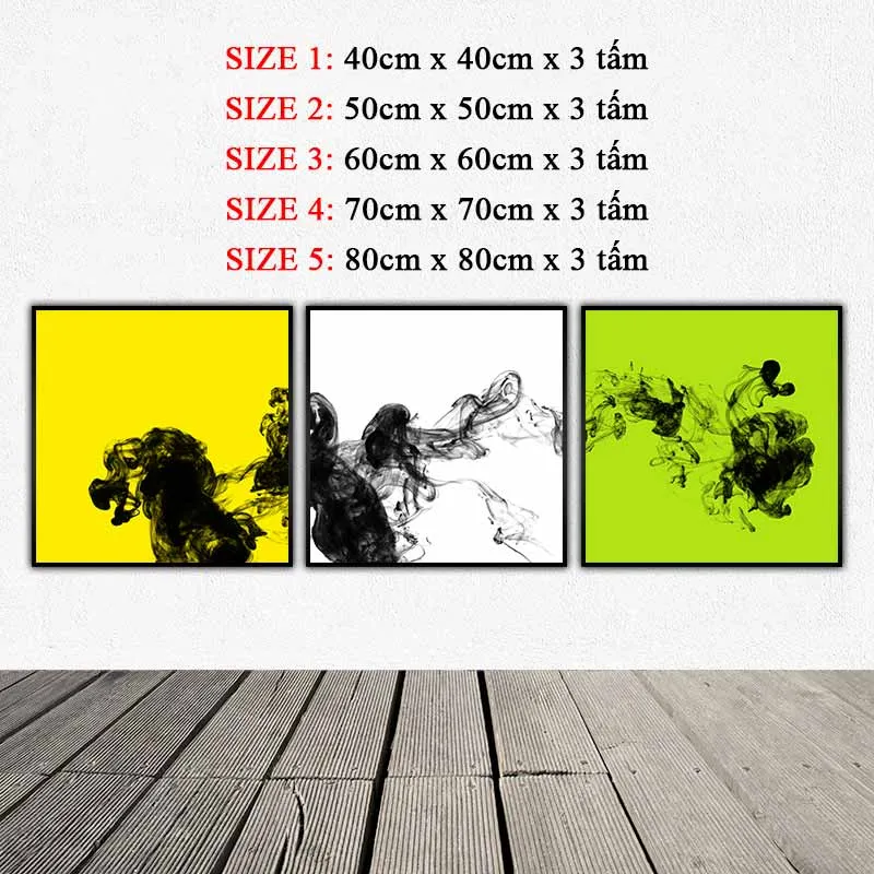 Tranh trừu tượng làn khói đen trên nền trắng, vàng và xanh lá cây