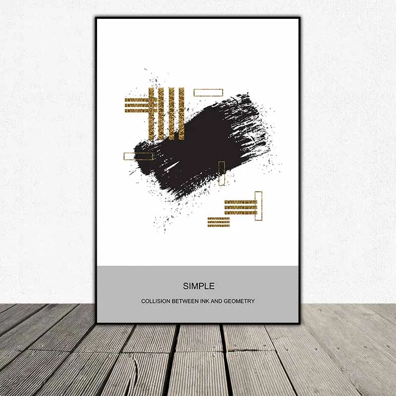 Tranh trừu tượng vết mực đen và các hình tròn, hình tam giác, tranh trừu tượng táo bạo các khối hình học