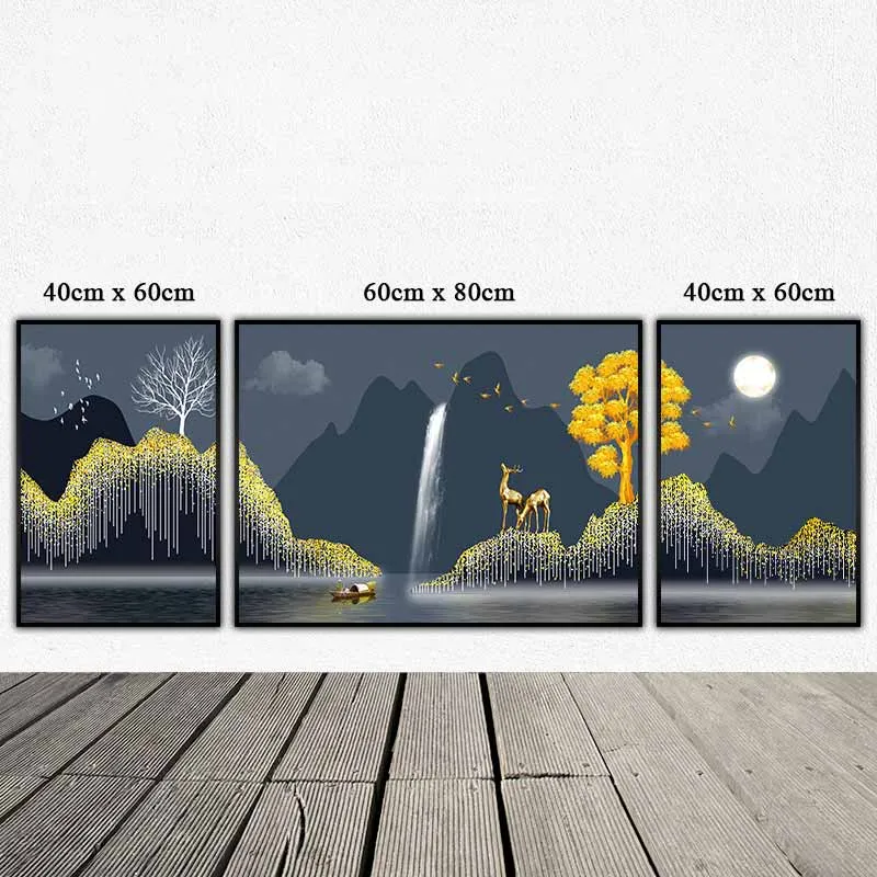 Tranh núi đồi trừu tượng, phong cảnh dòng sông, con thuyền và hai con nai