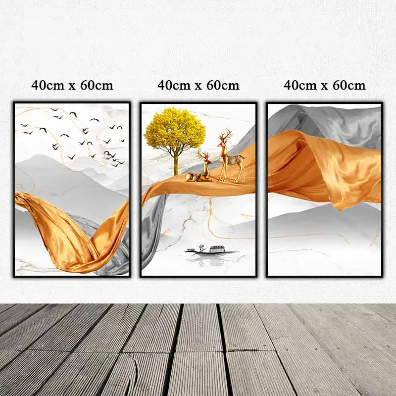 Tranh đôi nai đứng trên dải lụa trừu tượng và con thuyền trên dòng sông