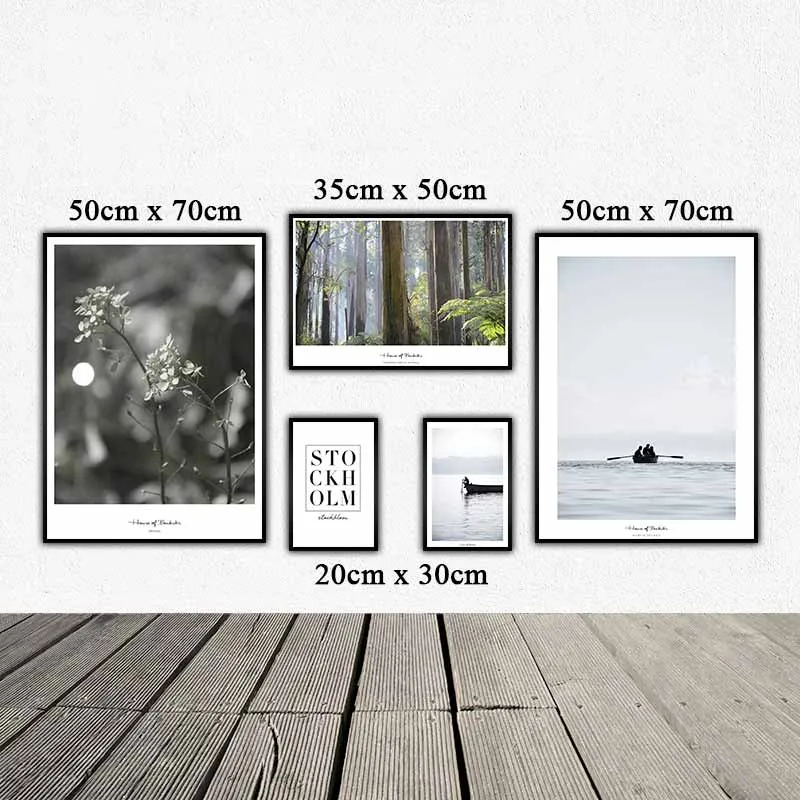 Tranh Scandinavian phong cảnh rừng, cảnh biển, con thuyền và chữ Stockholm