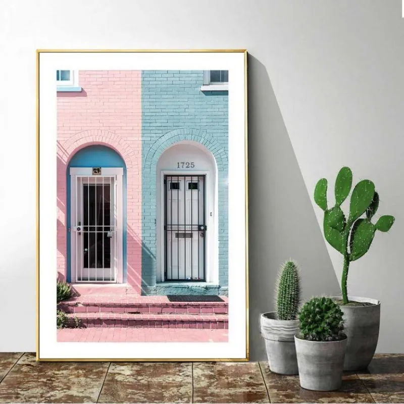 Tranh Scandinavian phong cảnh thành phố bên dòng sông và chim hồng hạc