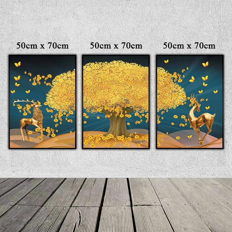 Tranh đôi nai và cây đồng tiền vàng tài lộc