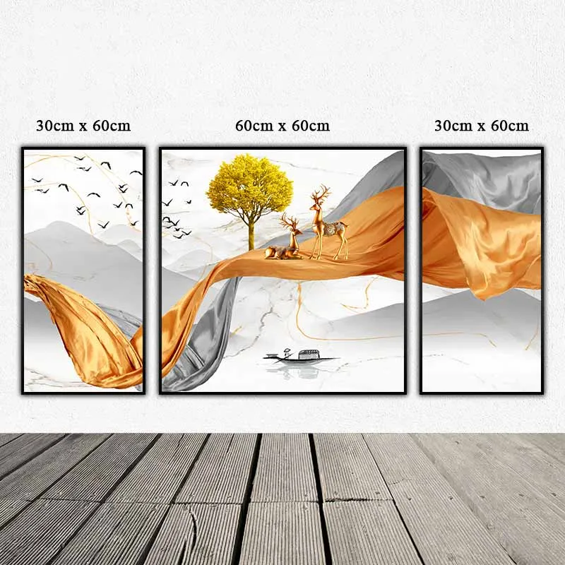 Tranh đôi nai đứng trên dải lụa trừu tượng và con thuyền trên dòng sông