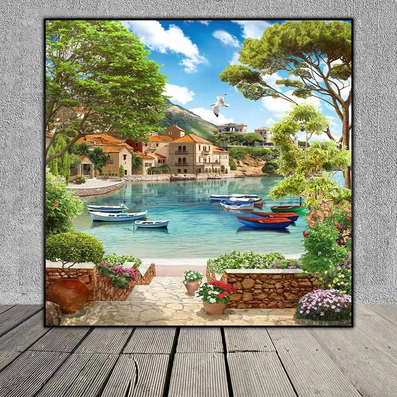 Tranh phong cảnh những ngôi nhà ven hồ nước và những con thuyền