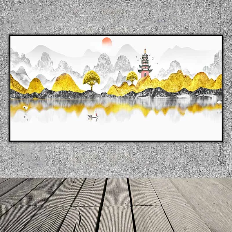 Tranh phong cảnh núi đồi trừu tượng và dòng sông với người chèo thuyền, ở phia xa là ngôi chùa