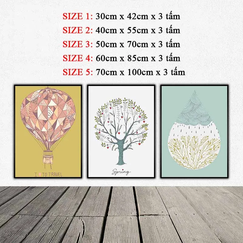 Tranh trừu tượng khinh khí cầu, cây và giọt nước